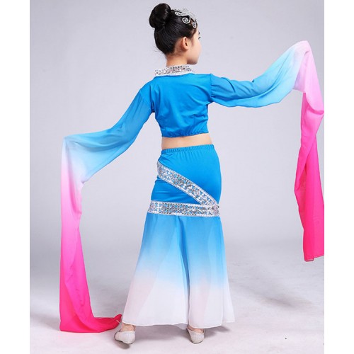 Children chinese folk dance costumes water sleeves hanfu stage performance yangko fairy traditional classical dance dresses